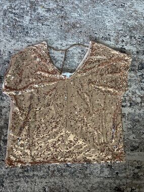 Gold Sequin Short Sleeve Women's Blouse with V-Neck